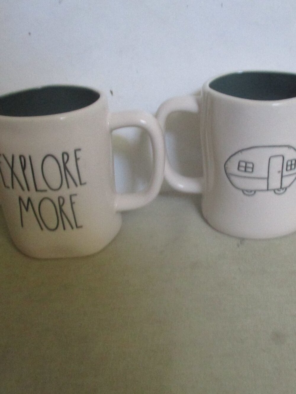 2 Rae Dunn Camping Mugs with Green Interior EXPLORE MORE with Camper on obverse